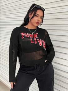 SHEIN EZwear Plus Letter Pattern Drop Shoulder Distressed Sweater - Black - View 5