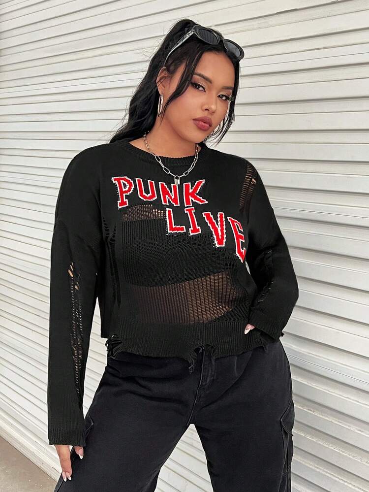 Plus Letter Pattern Drop Shoulder Distressed Sweater