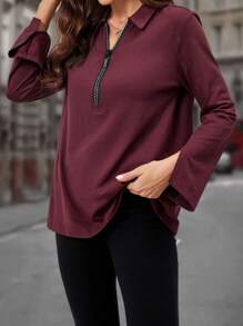 EMERY ROSE Half Zip Split Cuff Tee - Burgundy - View 6