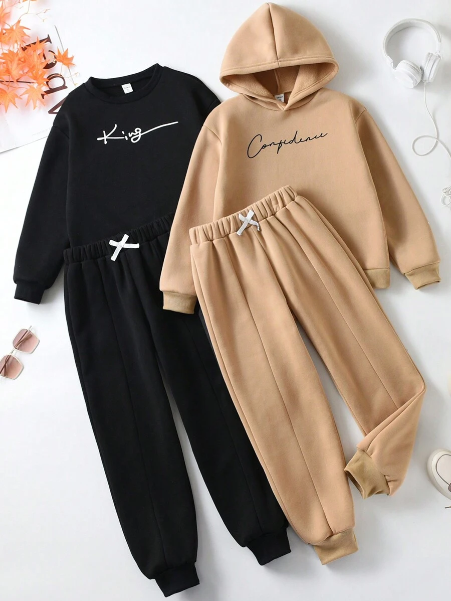 SHEIN 2 Bộ Con trai In thư Áo chui đầu Áo nỉ Và Quần thể thao - Nhiều màu - Xem 1