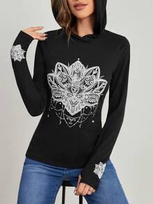 SHEIN Unity In hoa áo có mũ Áo thun - màu đen - Xem 5