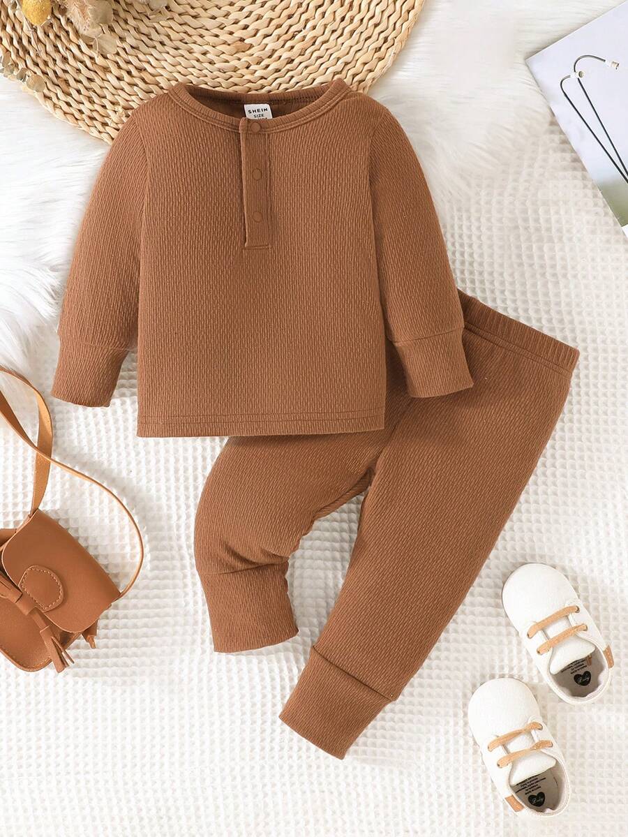 Baby Girl Waffle Knit Quarter Button Tee & Sweatpants - Brown - View 1