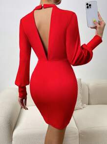 Chiquease Cut Out Backless Lantern Sleeve Bodycon Dress - Red - View 1