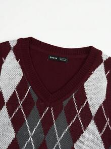 SHEIN EZwear Họa tiết Argyle Áo len vest - Màu Đỏ Sâu - Xem 4