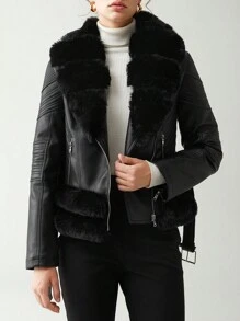 Anewsta 拉鏈開襟毛茸邊PU皮革夾克 - 黑色 - 查看 1