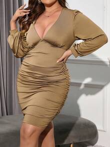 Celure Talla grande Vestido ajustado de cuello profundo de manga farol fruncido - Negro - Ver 5