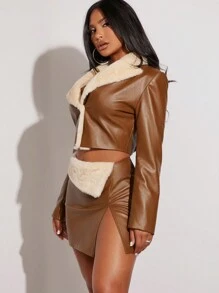 SHEIN SXY Borg Collar Fuzzy Panel Crop Jacket & Split Hem Skirt - Multicolor - View 3
