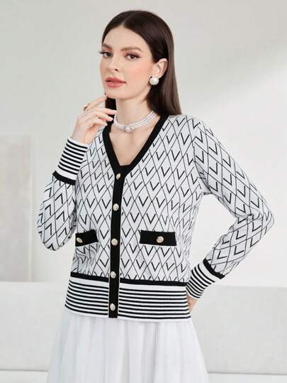 Modelyn Striped & Argyle Pattern Cardigan Fall Cloth For Women