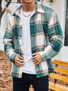 Manfinity Homme Nam Plus In kẻ sọc Nút Lên Áo khoác kiểu sơ mi - màu xanh lá - Xem 5