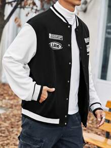 Manfinity Homme Men Plus Letter Graphic Striped Trim Varsity Jacket Without Tee - Black and White - View 4