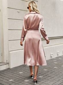Chiquease Solid Knot Front Satin Shirt & Skirt Fall Cloth For Women - Coral Pink - View 2