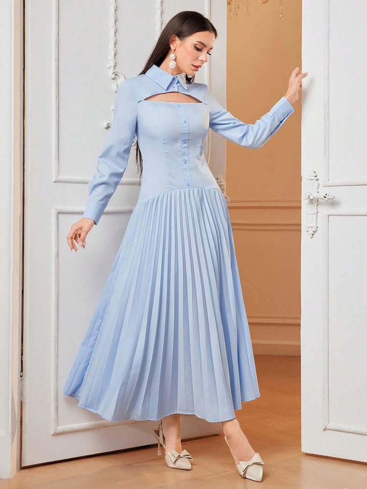Cutout Front Pleated Hem Shirt Dress
