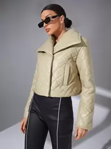 SHEIN Essnce Snap Button PU Leather Quilted Coat - Beige - View 6