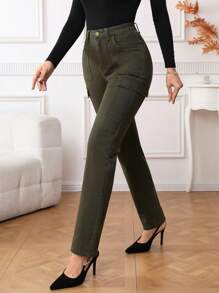 SHEIN Privé Flap Pocket Side Cargo Jeans - Army Green - View 4
