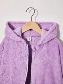 SHEIN Cô gái Tween Dây kéo áo có mũ Áo Teddy Jackets - Màu tím - Xem 4