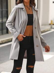 SHEIN LUNE Single Breasted Trench Coat - Grey - View 1