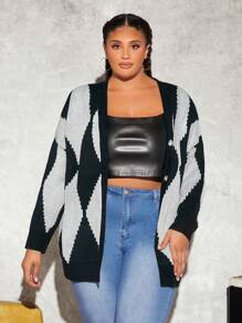 SHEIN CURVE+ Kích thước lớn Của phụ nữ Cổ chữ V Tay áo dài Áo len Mở - Đen và trắng - Xem 4