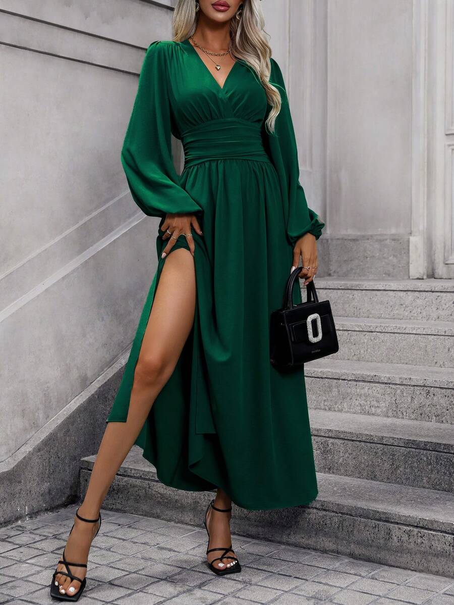 EMERY ROSE Lantern Sleeve Ruched Waist Split Thigh Dress Maxi Women Outfit Fall Cloth For Women - Dark Green - View 1