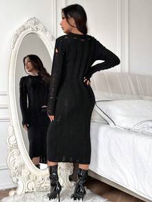 SHEIN Unity Vestido de suéter casual de unicolor desgastado para mujer - Negro - Ver 2