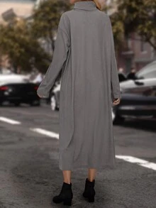 EMERY ROSE 素色小高領落肩袖洋裝 - 灰色 - 查看 2