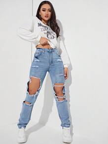 SHEIN EZwear Ripped Cut Out Straight Leg Jeans - Blue - View 2