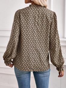 SHEIN LUNE 滿版印花荷葉袖褶邊襯衫 - 卡其色 - 查看 2