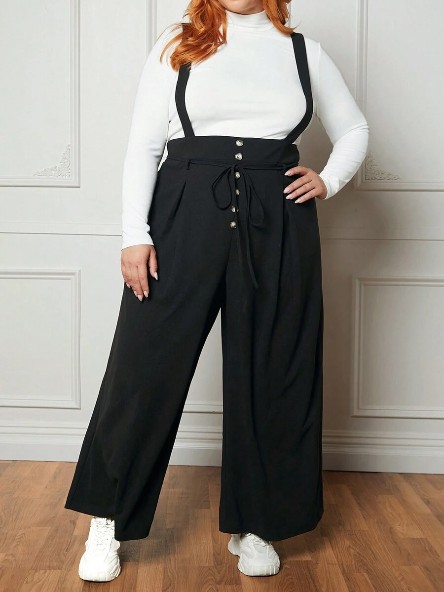 SHEIN CURVE+ Plus Button Front Belted Overall Jumpsuit Without Tee - Black - View 1