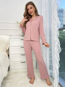Ruffle Trim Button Front Lounge Set - Dusty Pink - View 6