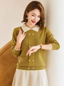 Cổ áo tương phản Đôi ngực Áo len - Màu vàng - Xem 4