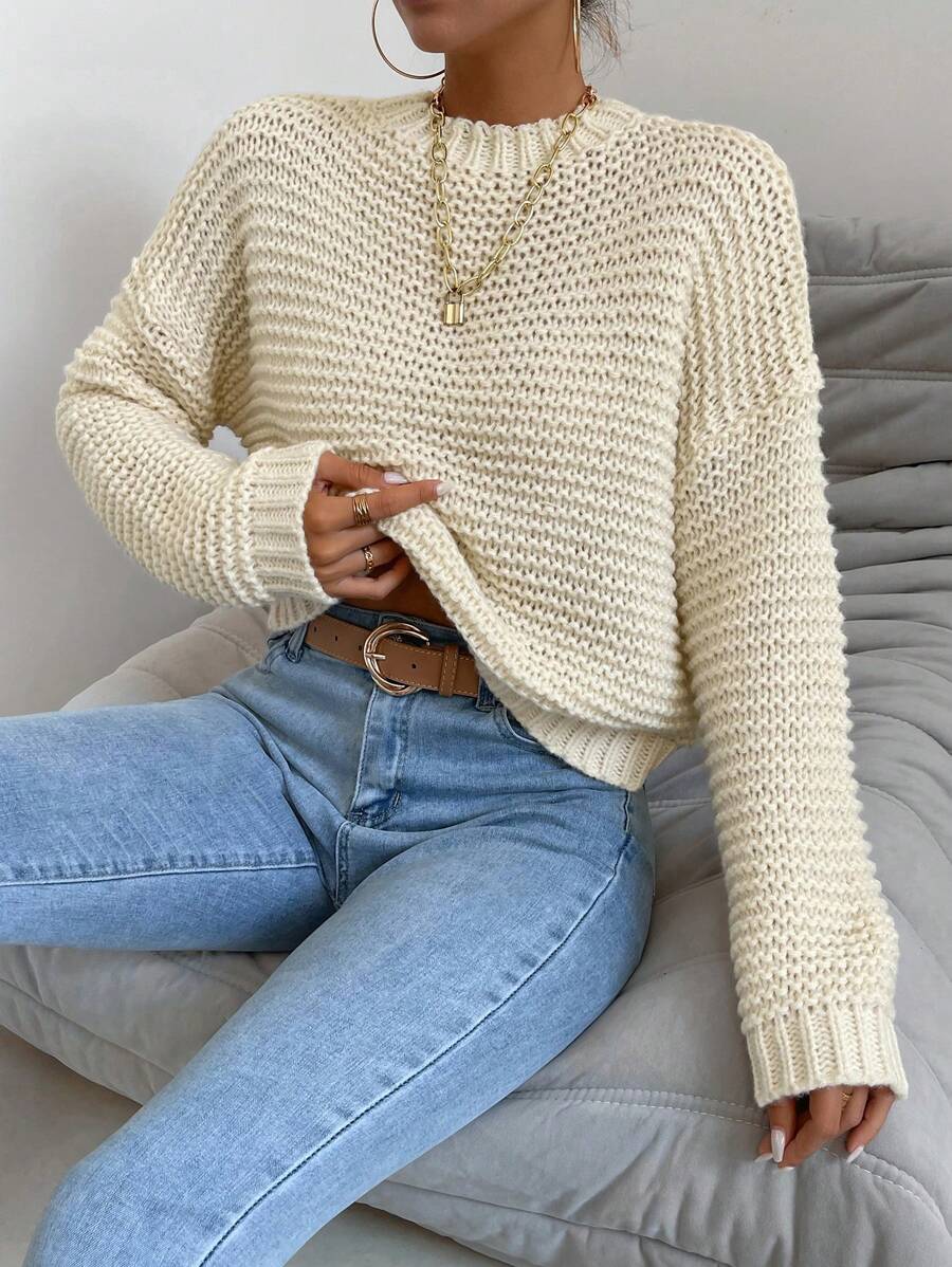 Chiquease Solid Drop Shoulder Knit Pullover Fall Winter Sweater - Apricot - View 1