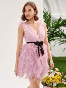 Enchnt Tie Shoulder Belted Fuzzy Trim Dress With Belt - Pink - View 3