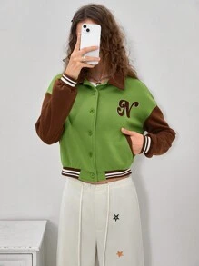 SHEIN EZwear Letter Patched Striped Trim Drop Shoulder Two Tone Varsity Jacket - Green - View 1