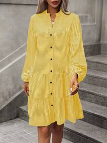 SHEIN Clasi 格紋印花燈籠袖荷葉邊娃娃裙 - 黃色 - 查看 4