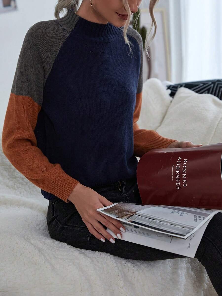 SHEIN LUNE Khối màu Cổ giả Tay Raglan Áo len - Màu xanh lam - Xem 1