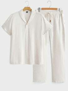GENTILAND Loose Fit Men's Shawl Collar Top And Drawstring Waist Pants Set - Khaki - View 1
