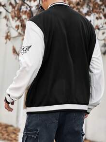 Manfinity Homme Men Plus Letter Graphic Striped Trim Varsity Jacket Without Tee - Black and White - View 2