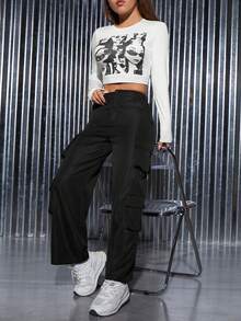 SHEIN PETITE Figure Graphic Crop Tee & Flap Pocket Side Cargo Pants - Black - View 6