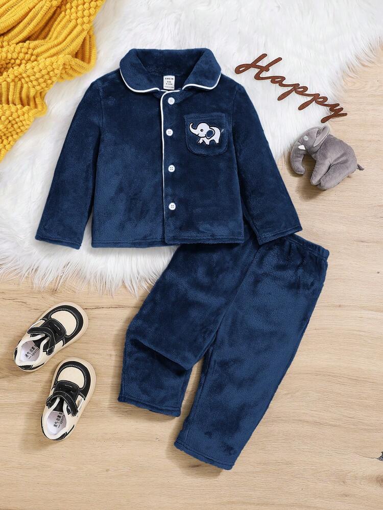 Baby Boy Elephant Embroidery Contrast Piping PJ Set