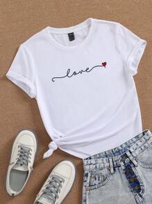 SHEIN EZwear Letter & Heart Print Tee - White - View 1