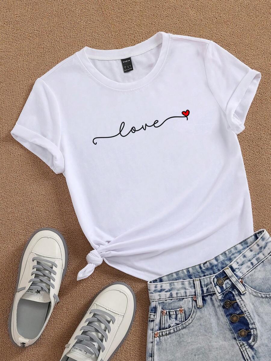 SHEIN EZwear Letter & Heart Print Tee - White - View 1