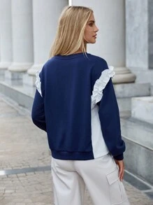 SHEIN Essnce Rüschen Farbblock Lässig Damen Sweatshirts - Blau-Weiß - Übersicht 2