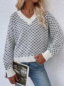 SHEIN Frenchy Họa tiết Toàn thân Thả vai Áo len - Đen và trắng - Xem 4