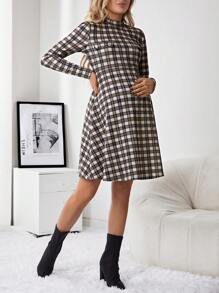 SHEIN Maternity Plaid Print Mock Neck Dress - Brown - View 7