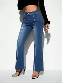 SHEIN BAE Jeans de pierna amplia ribete crudo - Azul lavado medio - Ver 1