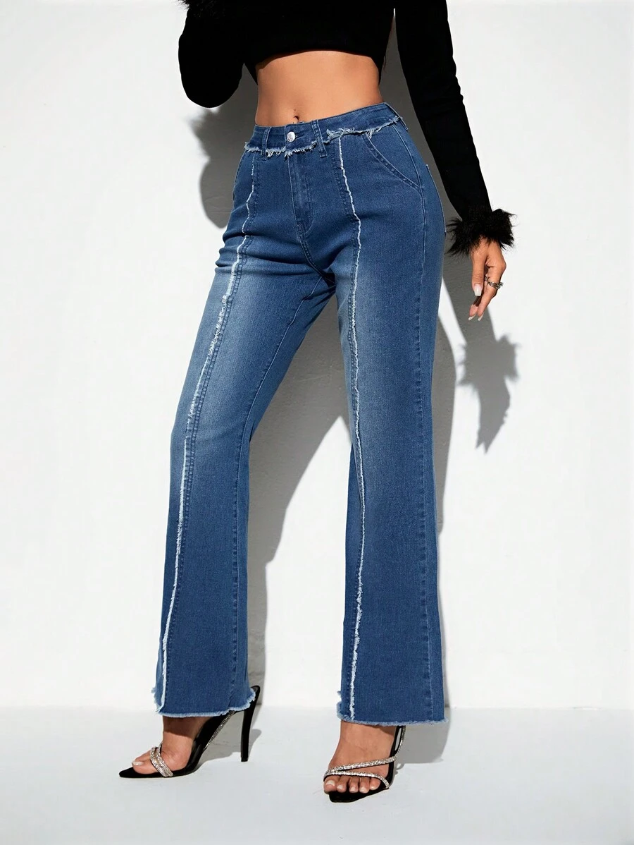 SHEIN BAE Jeans de pierna amplia ribete crudo - Azul lavado medio - Ver 1