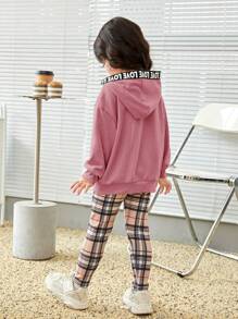 SHEIN Young Girl Bear Print Drop Shoulder Hoodie & Plaid Leggings
