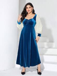 Modelyn Hơn Khối màu Cổ Trái tim Nếp gấp Phần Ngực Tay áo lồng đèn Nhung Đầm - Nhiều màu - Xem 4