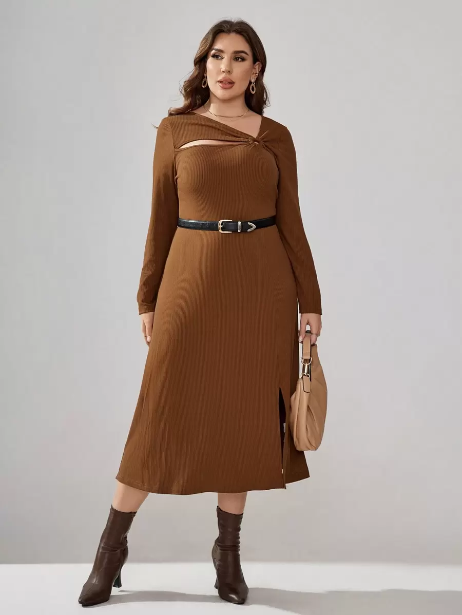 SHEIN Clasi Plus Size Asymmetrical Collar Hollow Out Hem Slit Design Dress - Brown - View 1
