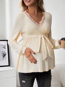 SHEIN Thai sản Trang trí ren Thắt lưng Dệt kim Waffle Áo thun - Màu be - Xem 3