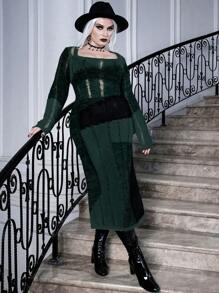 Calvaya Plus Square Neck Ripped Sweater Dress Without Belt - Dark Green - View 4